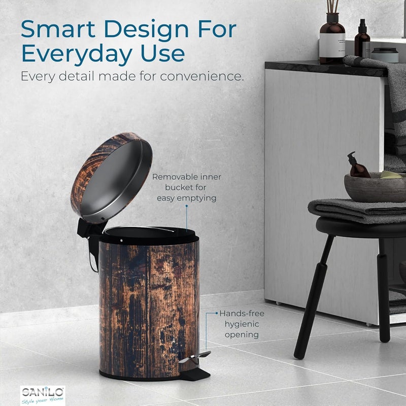 Sanilo Small Bathroom Trash Can with Lid [1.3 Gallon] - Lidded Tiny Trashcan for Garbage - Mini Metal Bin with Soft Closing Mechanism - Bath Room Accessoire Wastebin with Inner Bucket (Vintage) - Image 4